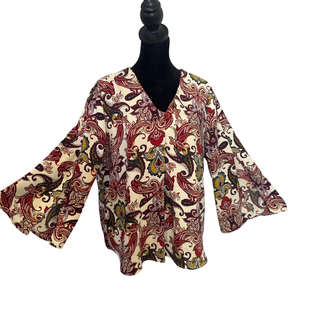 Chico's Paisley‎ Split Bell Sleeve Top Womens S 8 10 Petite Eclectic Casual